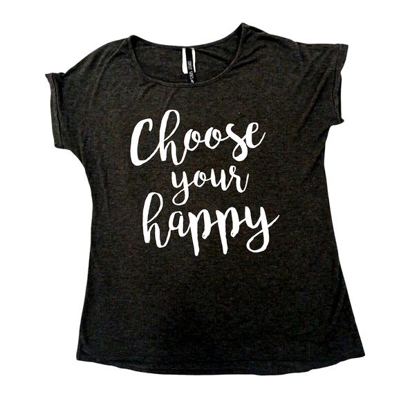 Glam T-SHIRT Women's Size M GRAY White Letters Barbiecore Boho Choose Your Happy - Picture 1 of 8